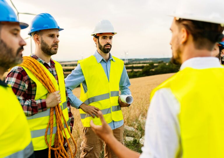 Technicians and engineers talking by wind turbines farm